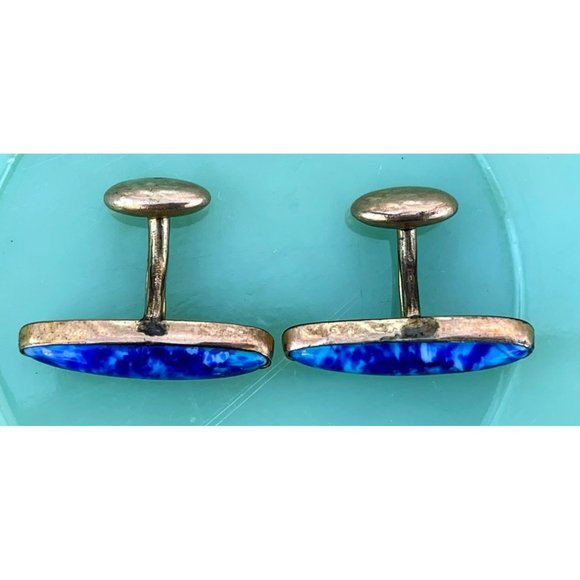 Antique Gold Filled Cufflinks Blue white Lapis style Glass - Picture 4 of 9